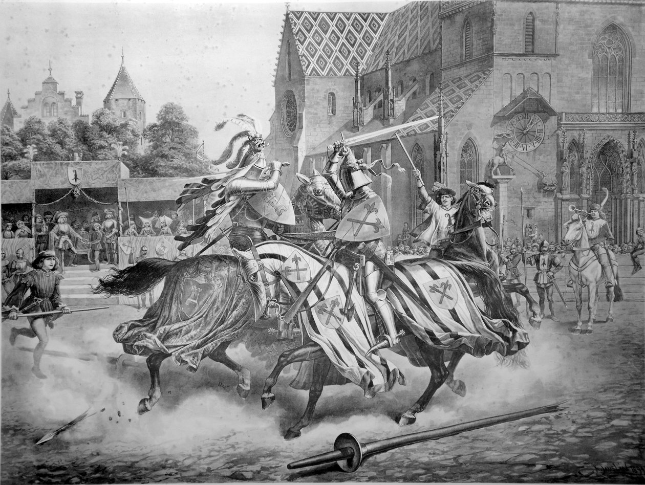 Het toernooi van Basel tussen Heinrich von Ramstein en de Spanjaard Don Merlo december 1428. Uitgeverij Emil Birkhäuser, Basel door Karl Jauslin
