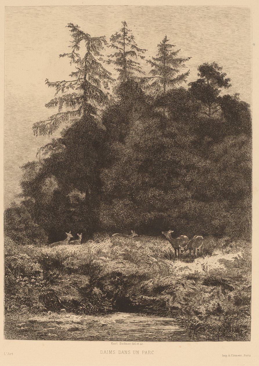 Herten in een park door Karl Bodmer