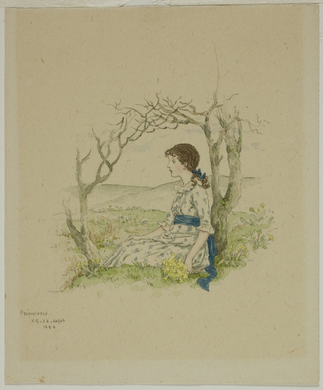 Zittend meisje met sleutelbloemen door Kate Greenaway