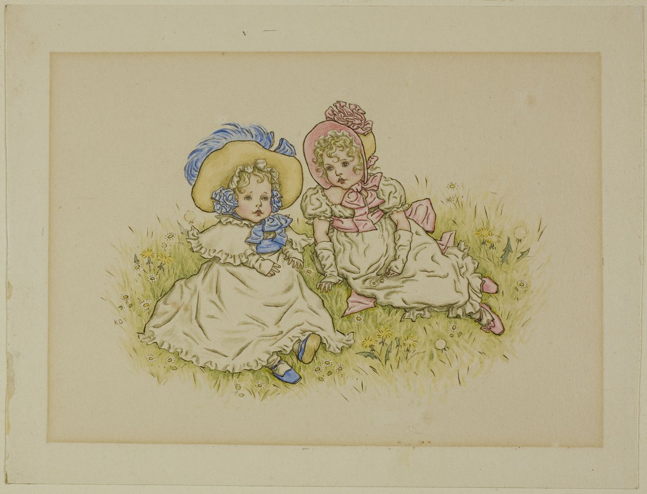 Twee kleine meisjes met hoeden door Kate Greenaway