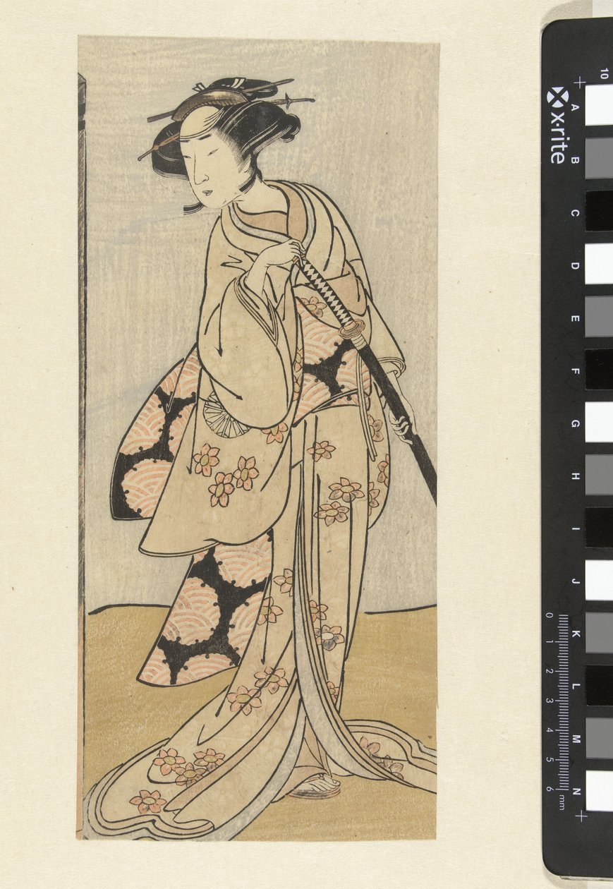 Acteur met zwaard in vrouwenrol door Katsukawa Shunsho (attributed to)