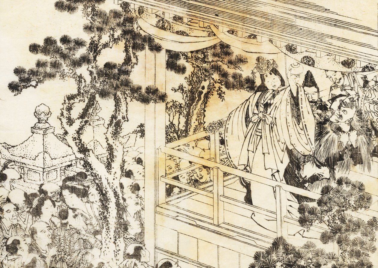 Een scène van een shinto-schrijn dans door Katsushika Hokusai
