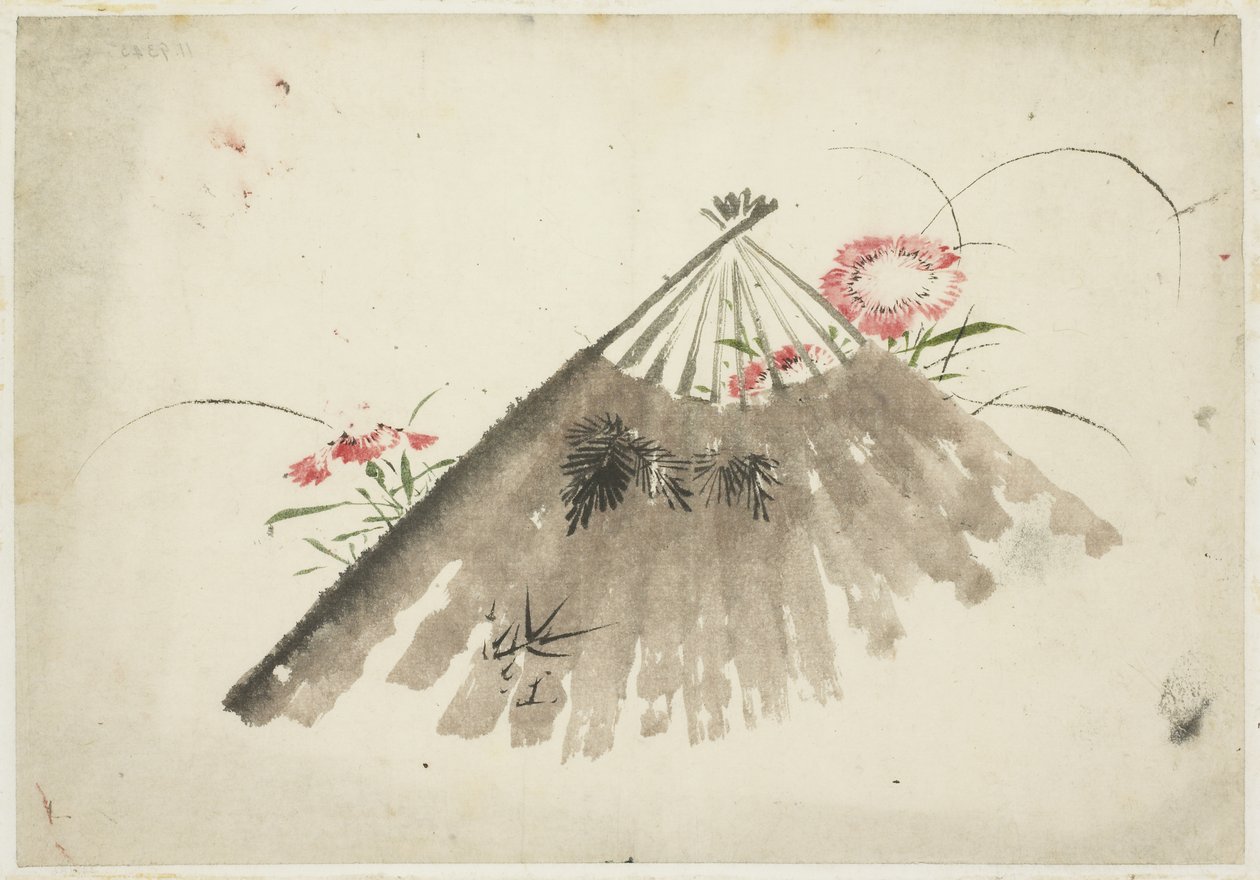 Afgedankte waaier tussen anjers door Katsushika (school of) Hokusai