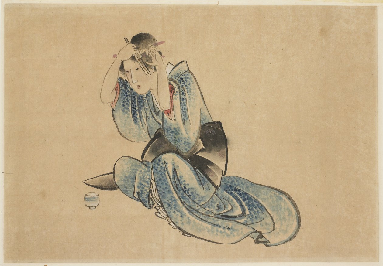 Zittende Dame bij haar Toilette door Katsushika (school of) Hokusai