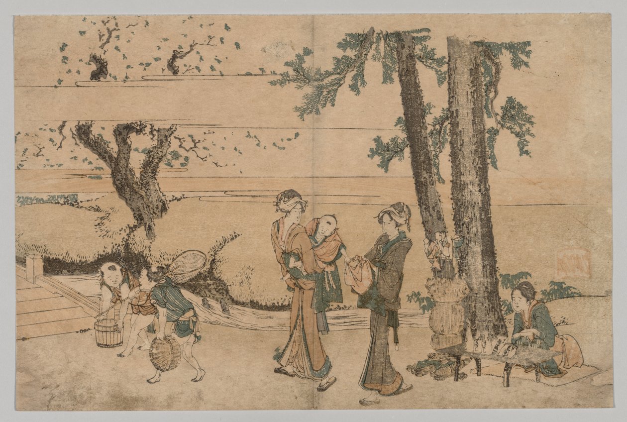 Groep figuren bij een beek door Katsushika Hokusai
