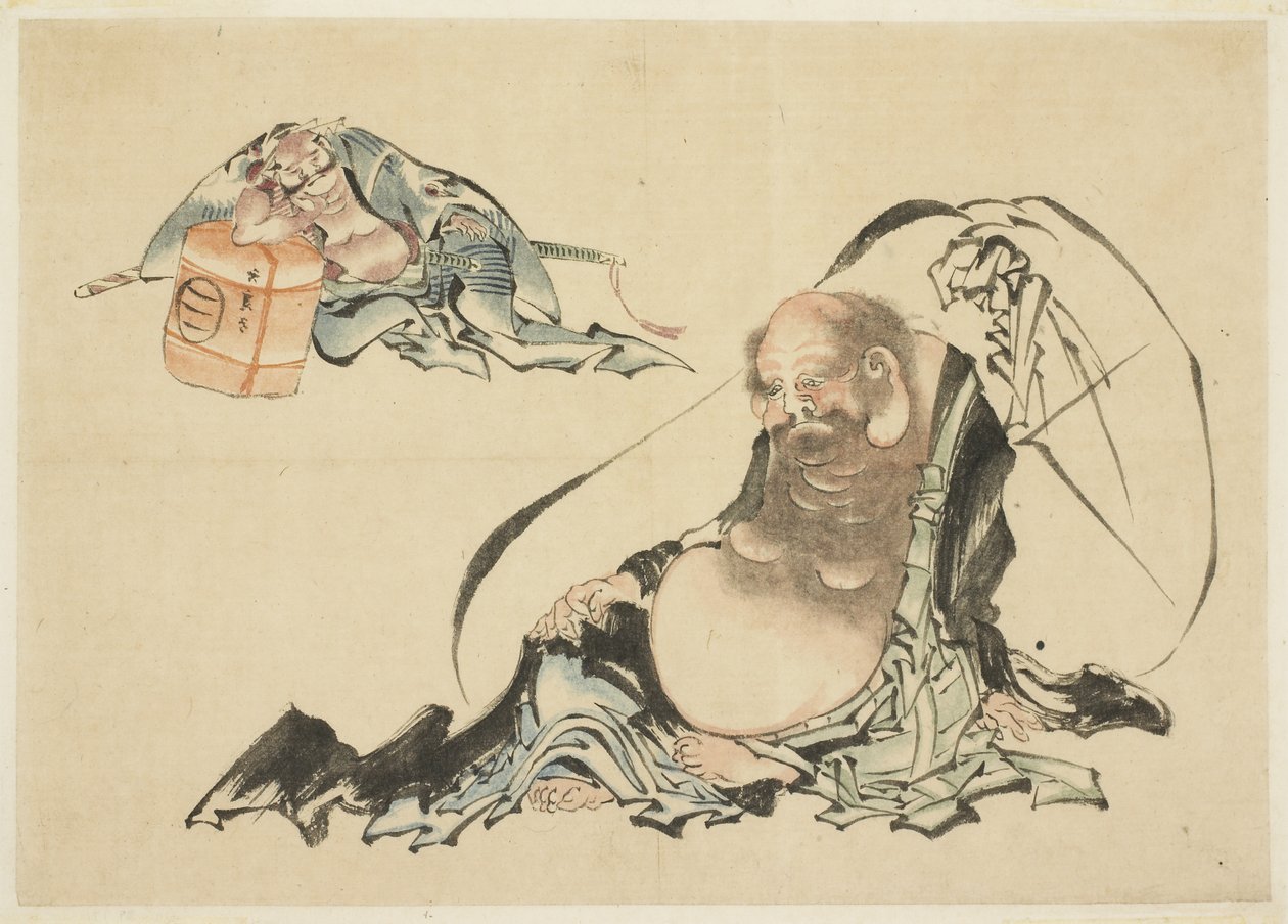 Hotei en Asahina Saburo Liggend (twee schetsen) door Katsushika Hokusai