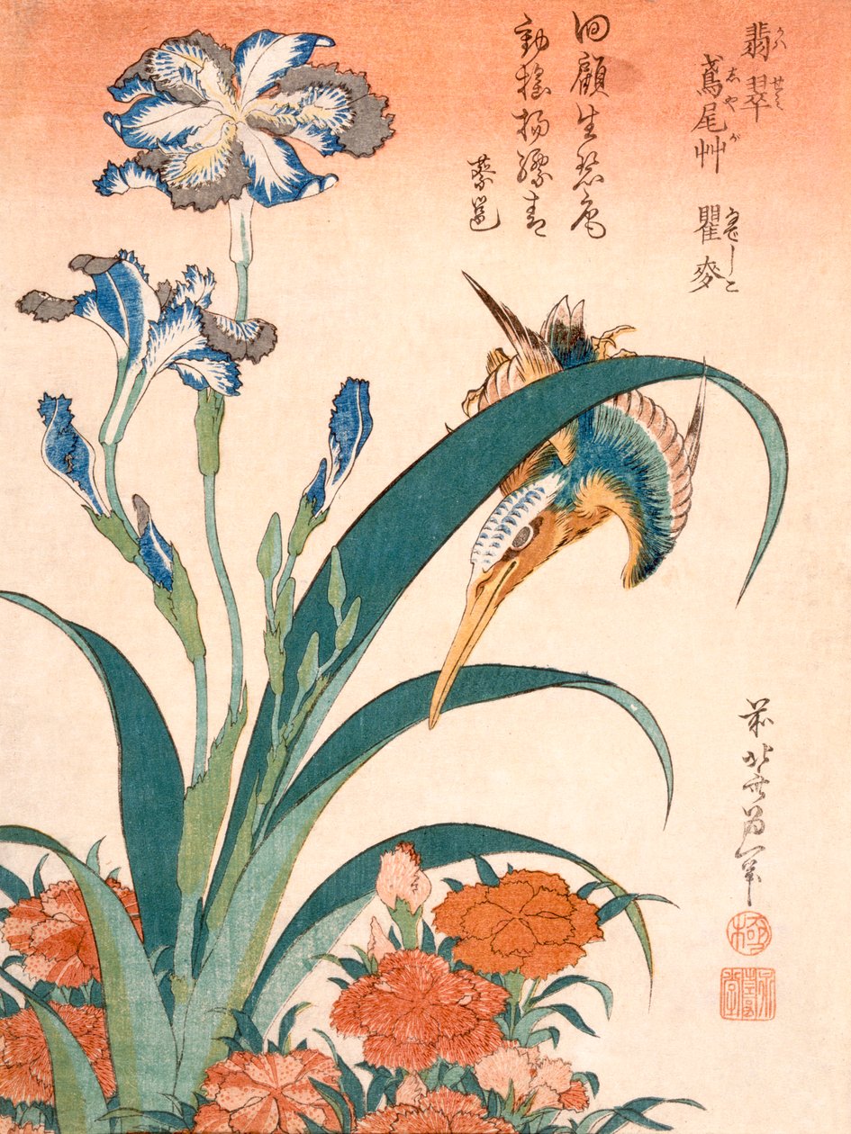 IJsvogel, irissen en anjers door Katsushika Hokusai