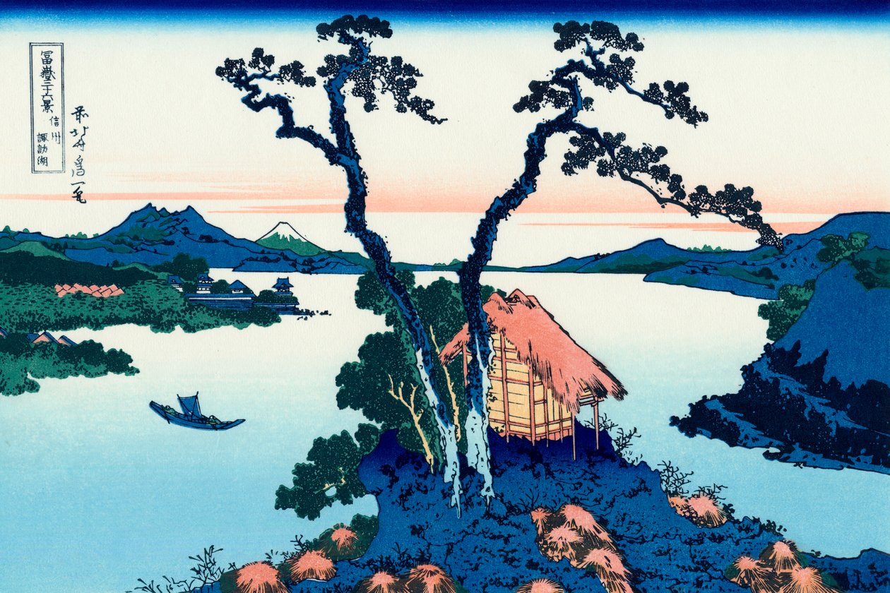 Meer Suwa in de provincie Shinano, 1830-1833 door Katsushika Hokusai