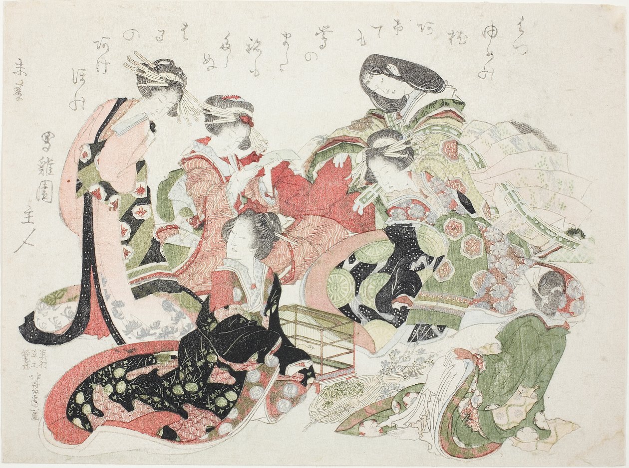 Zes vrouwen zittend rond een vogelkooi door Katsushika Hokusai