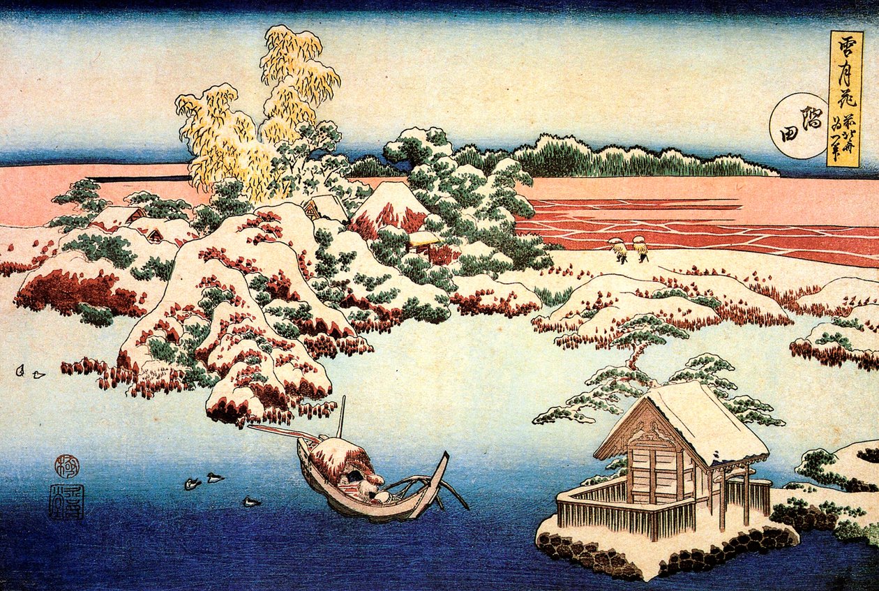 Sneeuwlandschap bij de Sumida-rivier, ca. 1832 door Katsushika Hokusai