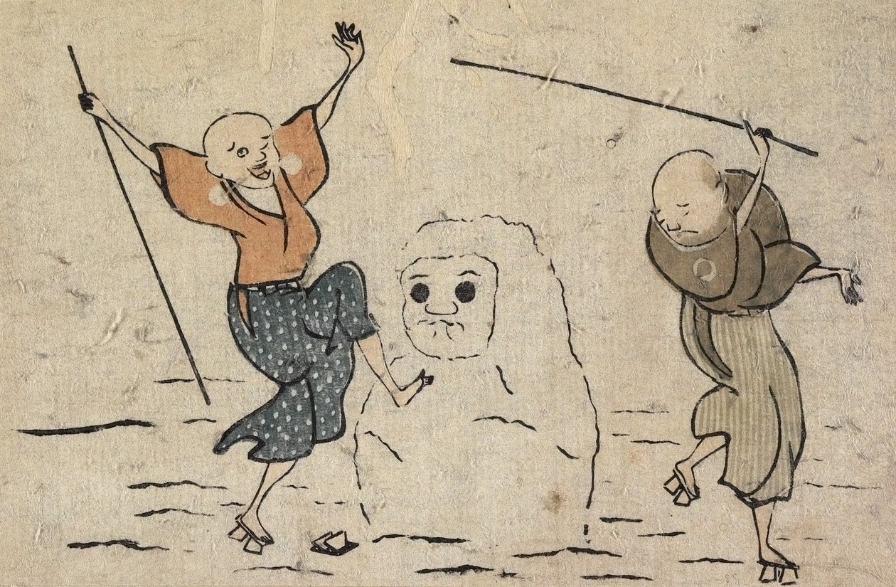 Twee blinde mannen en sneeuwpop door Katsushika Hokusai