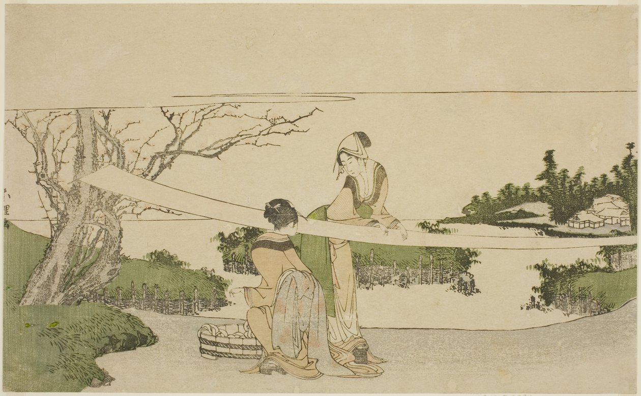 Twee vrouwen die stof uitrekken door Katsushika Hokusai