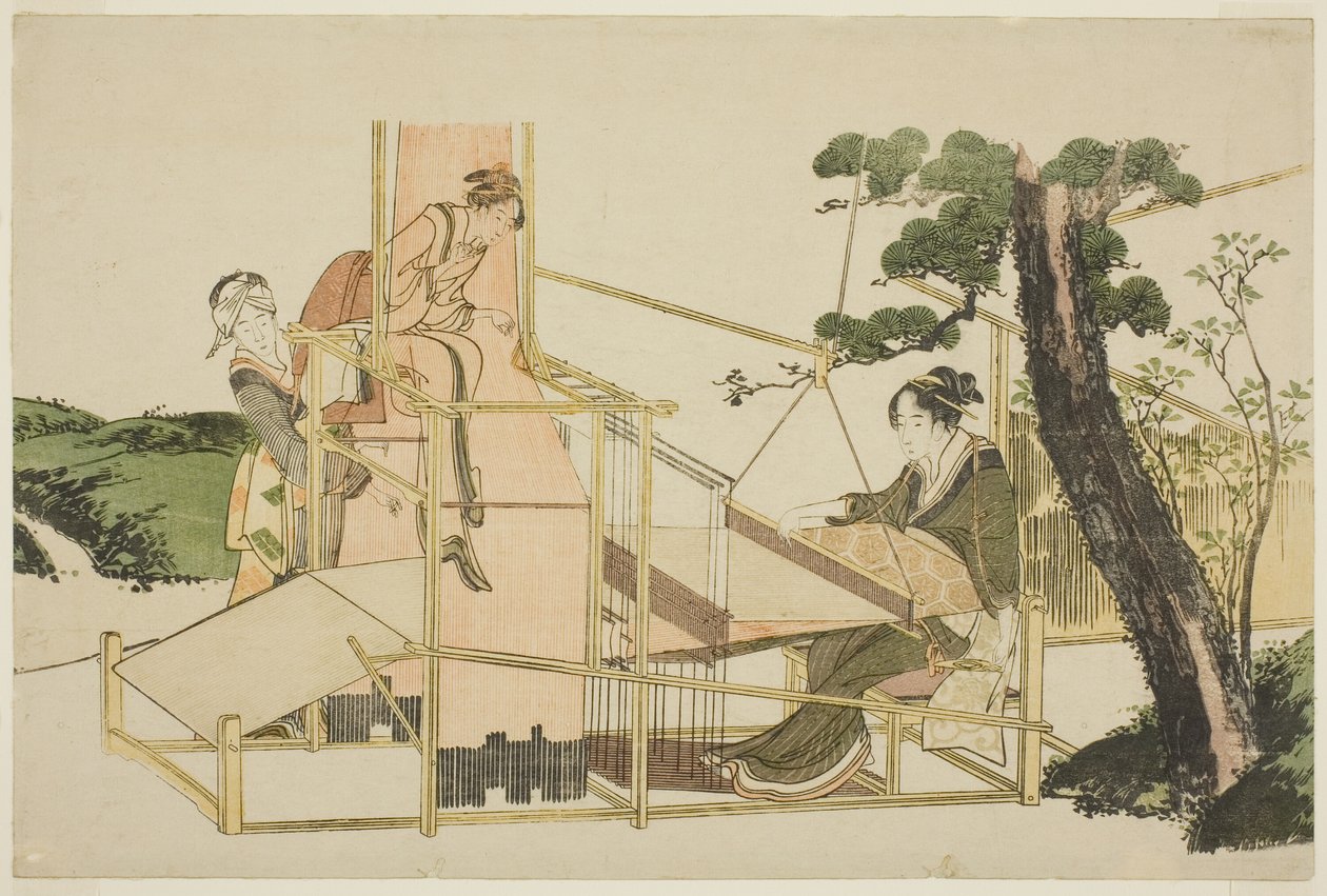 Vrouwen die op een Weefgetouw Weven door Katsushika Hokusai