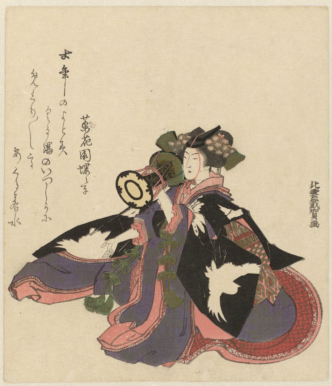 Vrouw met trommel door Katsushika Hokuun