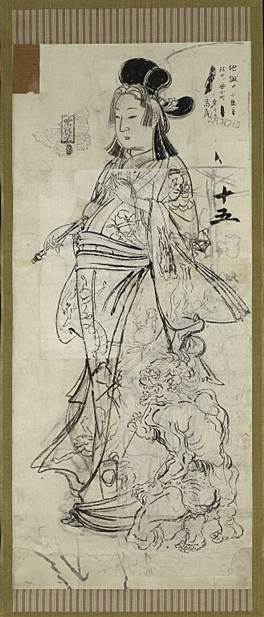 Bijin (Schoonheid), een van zes schetsen door Kawanabe Kyosai