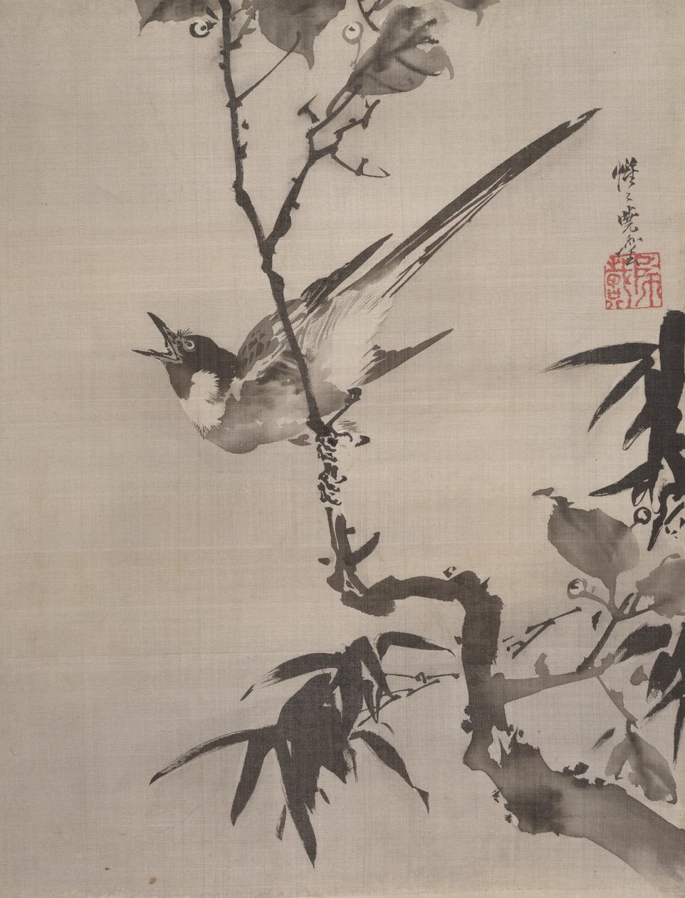Zingende vogel op een tak, ca. 1887 door Kawanabe Kyosai