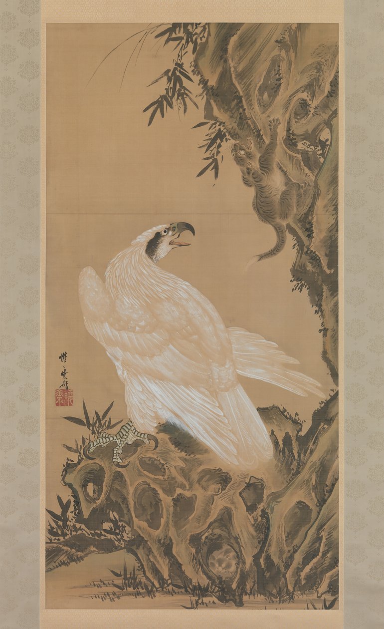Witte adelaar kijkt naar een bergleeuw, 1885 door Kawanabe Kyosai