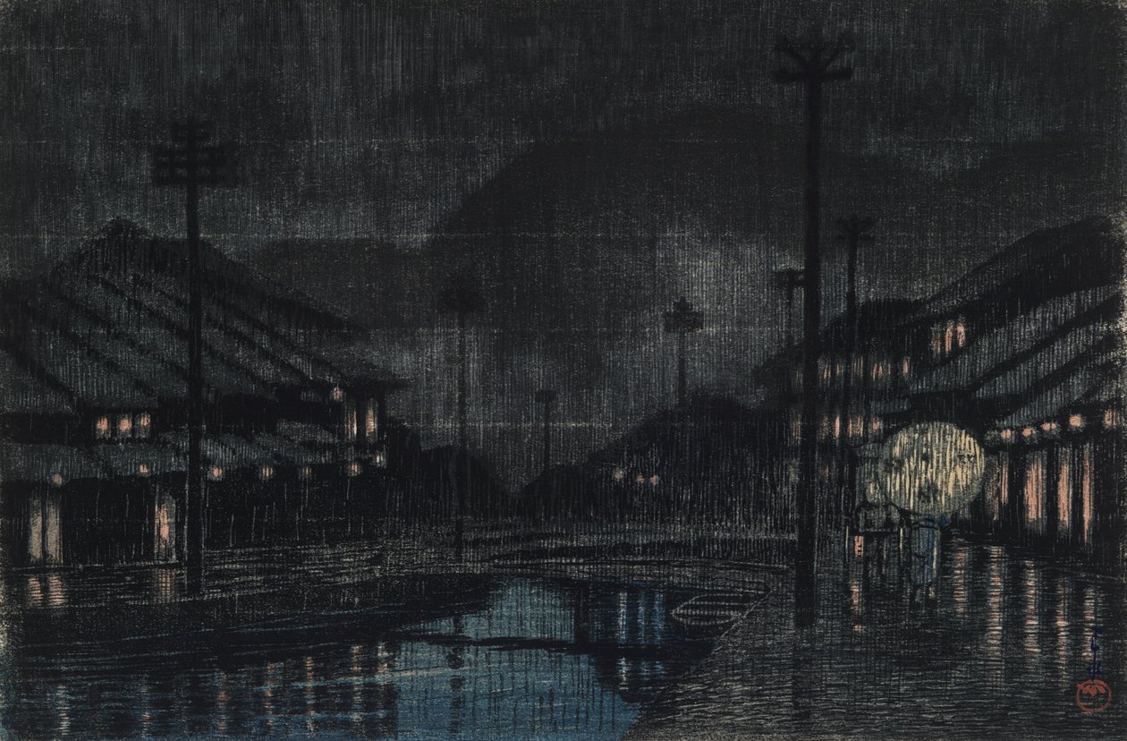 Avondregen in Tajima Kinosaki door Kawase Hasui