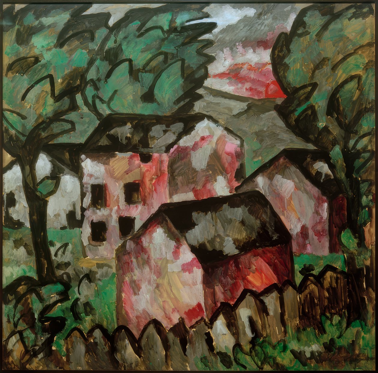 Landschap met drie rode huizen door Kazimir Severinovich Malevich