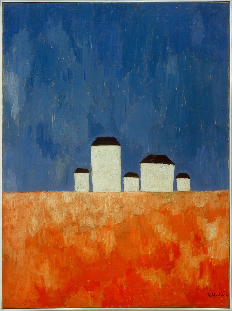 Landschap met vijf huizen door Kazimir Severinovich Malevich