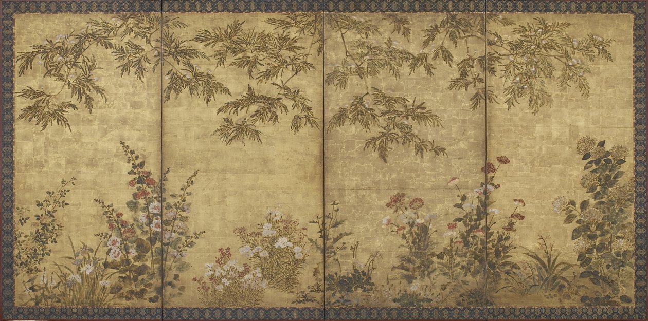 Mimosaboom, klaprozen, stokrozen en andere bloemen, Edo-periode, 1630-70 door Kitagawa Sosetsu