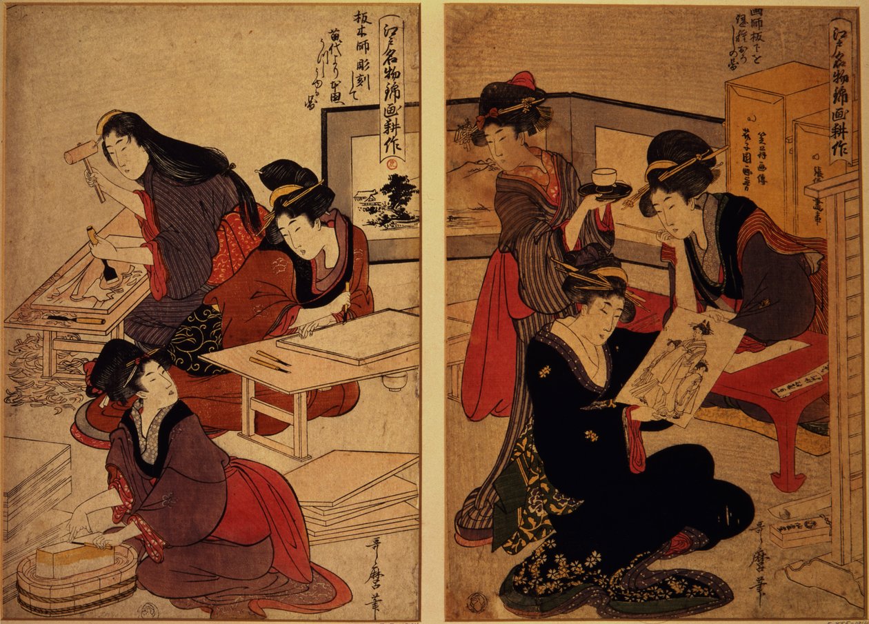 Ambachtslieden maken een houtsnede, c.1857 (gekleurde houtblok) door Kitagawa Utamaro