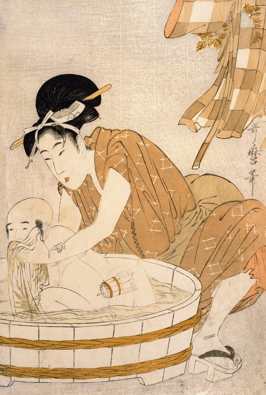Het Bad, Edo-periode (1603-1868) (gekleurde houtsnede) door Kitagawa Utamaro