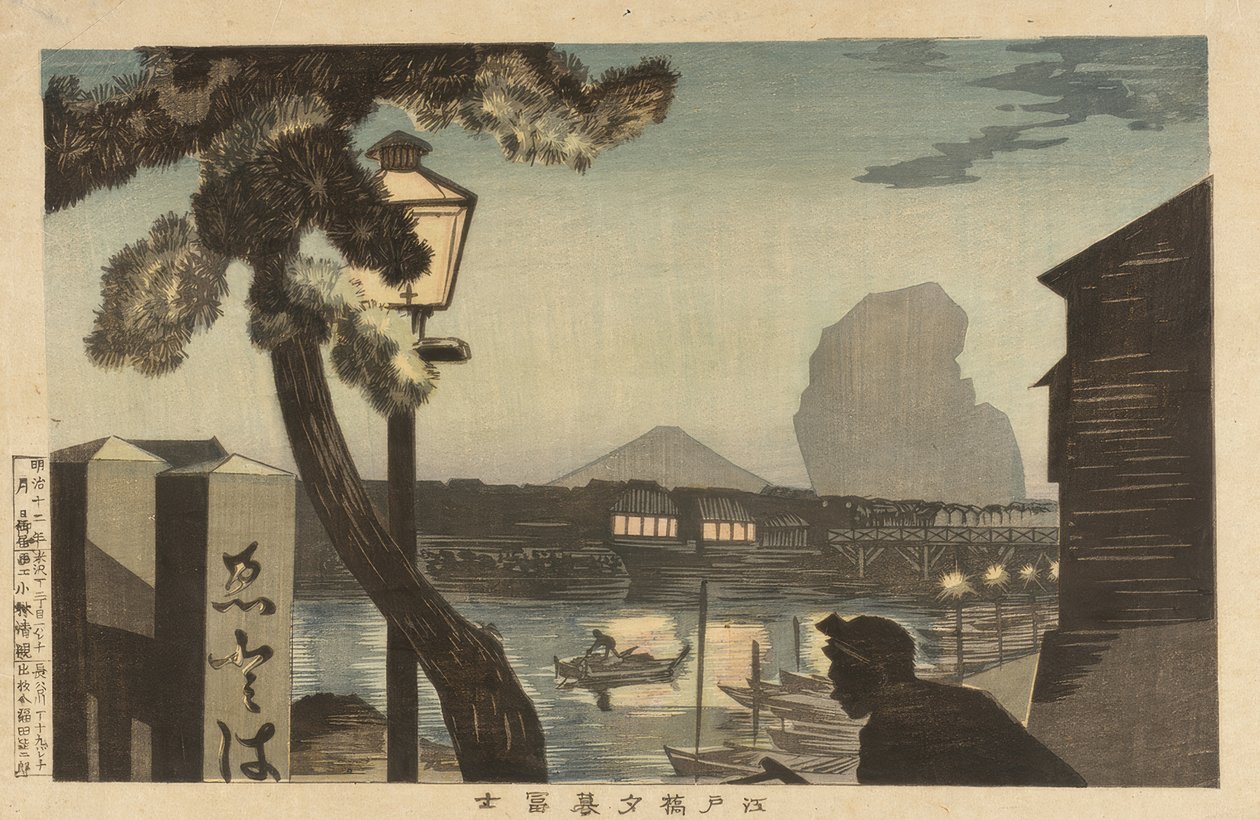 Mt. Fuji bij schemering vanaf de Edo-brug door Kiyochika Kobayashi