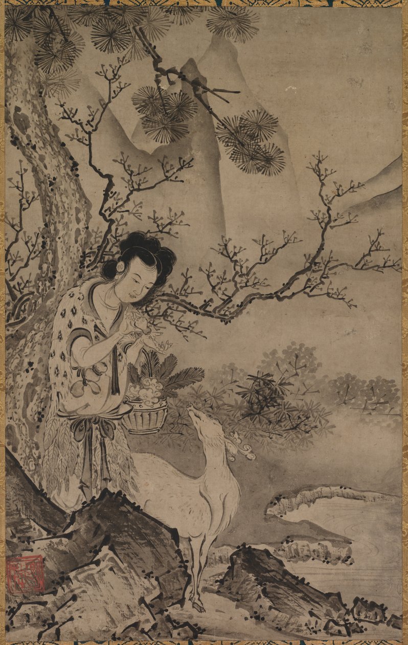 Vrouwelijke Daoïstische Figuur in Landschap, begin 1500s door Koboku