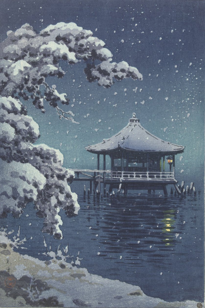 Drijvend paviljoen in Katada in de sneeuw door Koitsu Tsuchiya