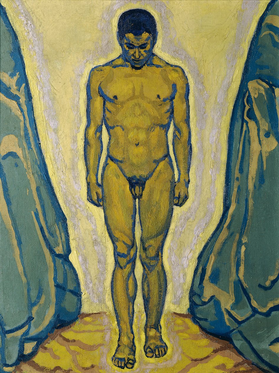Staande jongemannenakte tussen rotsen door Koloman Moser