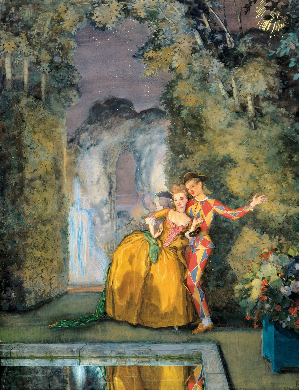 Dienstmeisje met harlekijn, ca. 1900 (aquarel) door Konstantin Andreevic Somov
