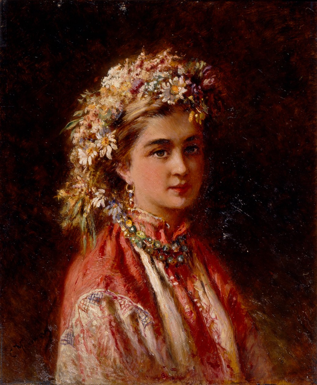 Jong meisje met bloemenkrans door Konstantin Egorovich Makovsky