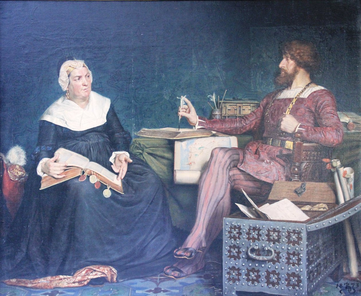 Scène waar Sigbrit de douanerekeningen bekijkt samen met koning Christiaan II van Denemarken door Kristian Zahrtmann