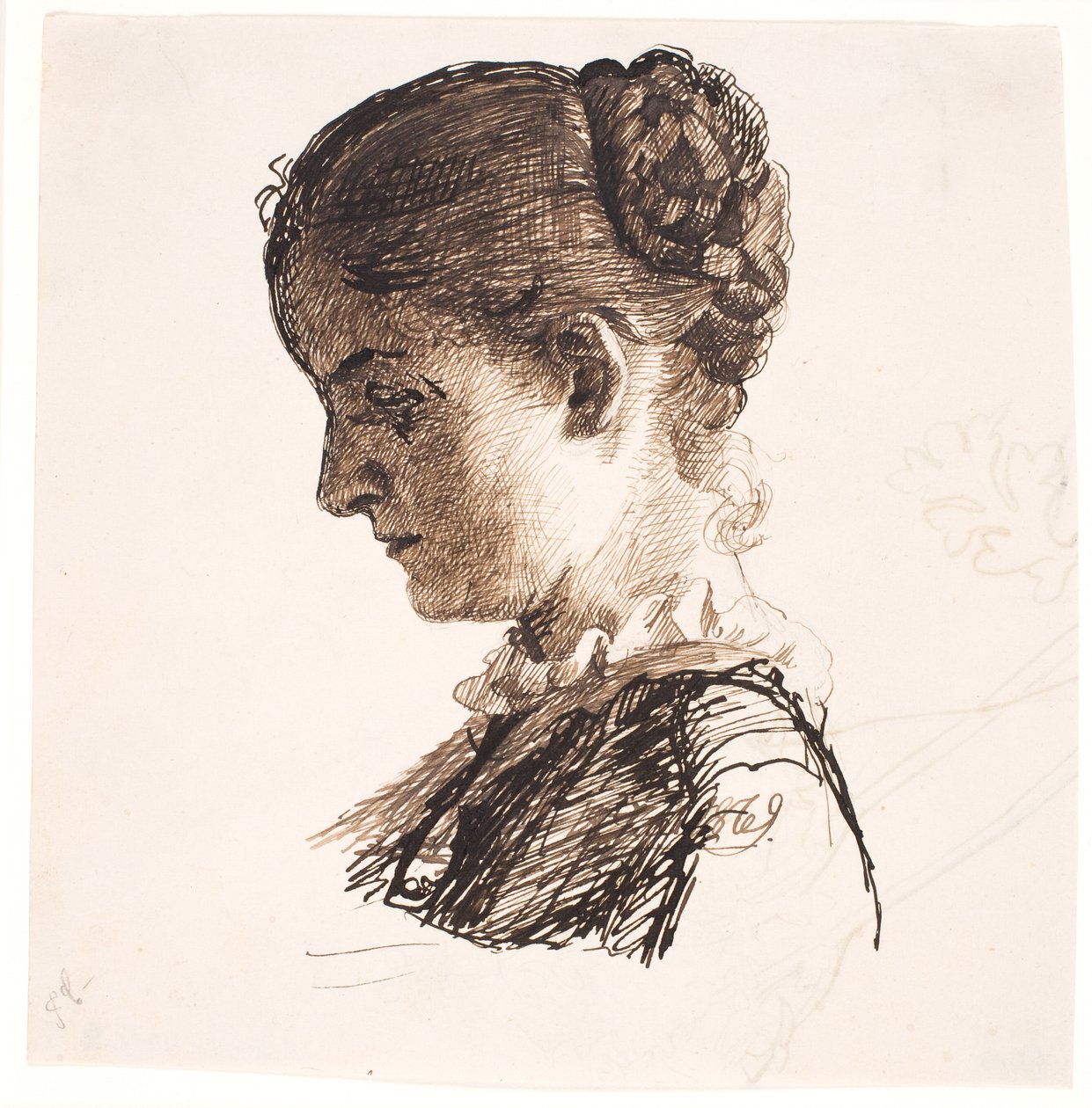 De zus van de kunstenaar Elisabeth. Profiel links. Vlechtkapsel door Kristian Zahrtmann