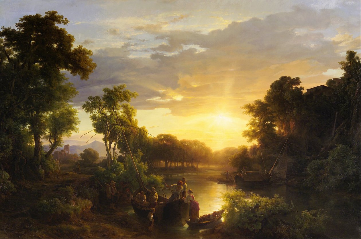 Italiaanse landschappen bij zonsondergang, vissers door Károly Markó