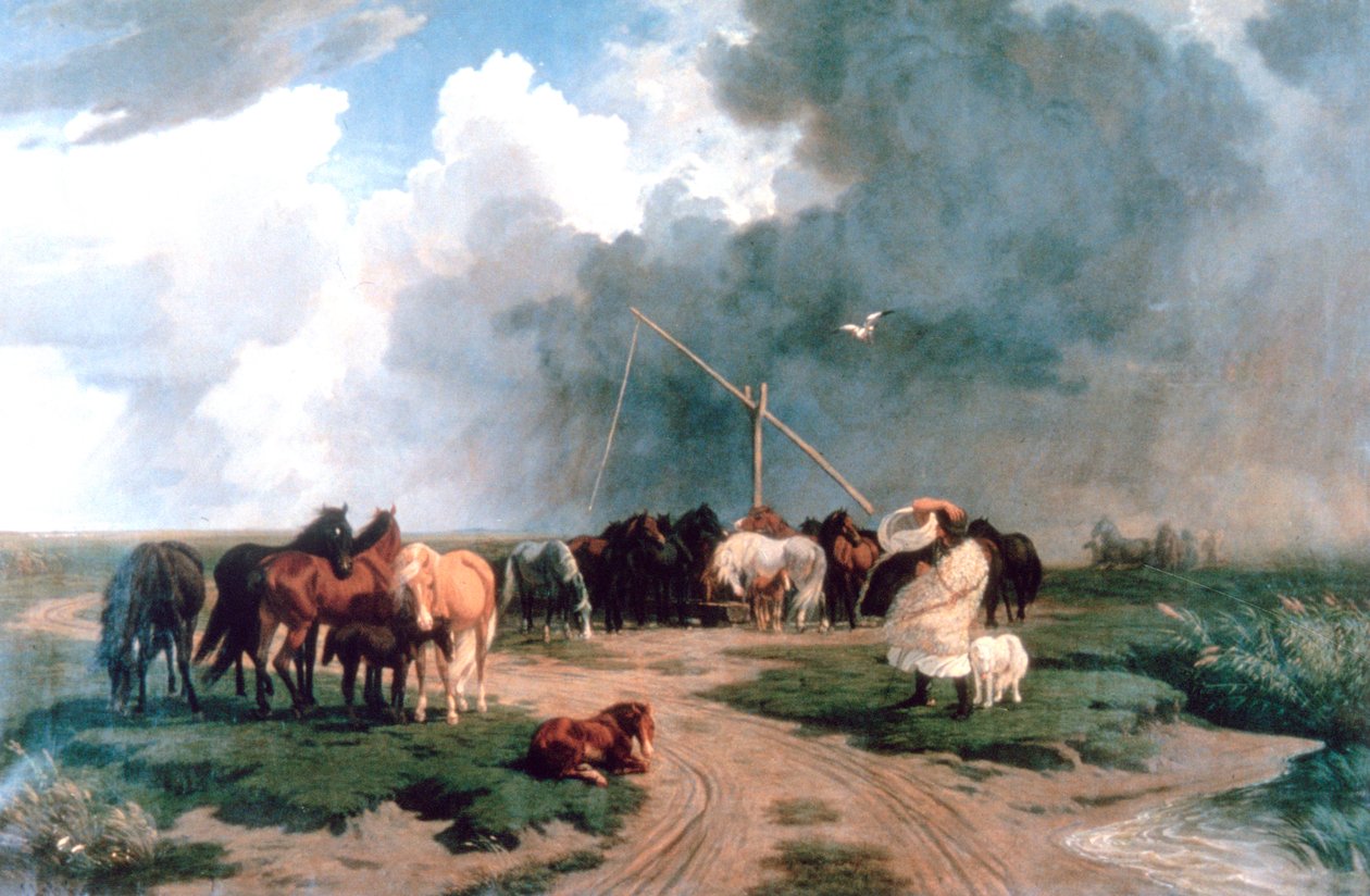 Paarden in de storm, 1862 door Károly Lotz