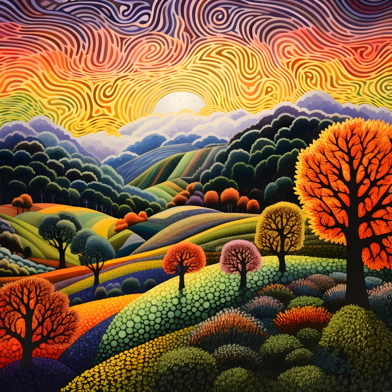 landschap met bomen en heuvels door Kurt Heppke