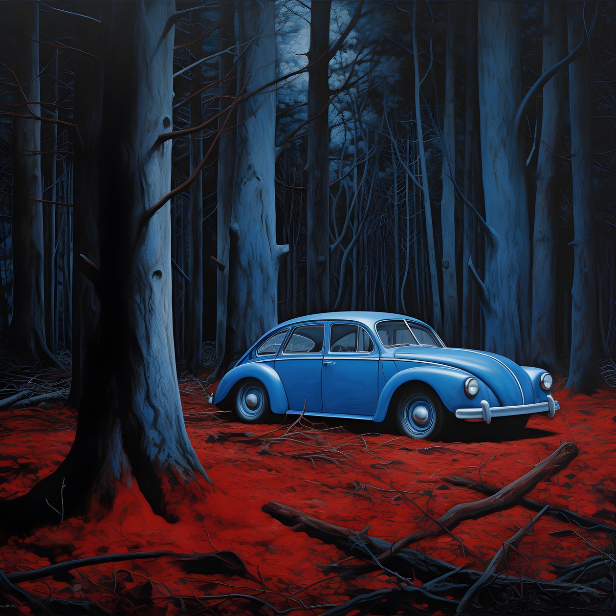 blauwe auto in een rood bos door Kurt Heppke