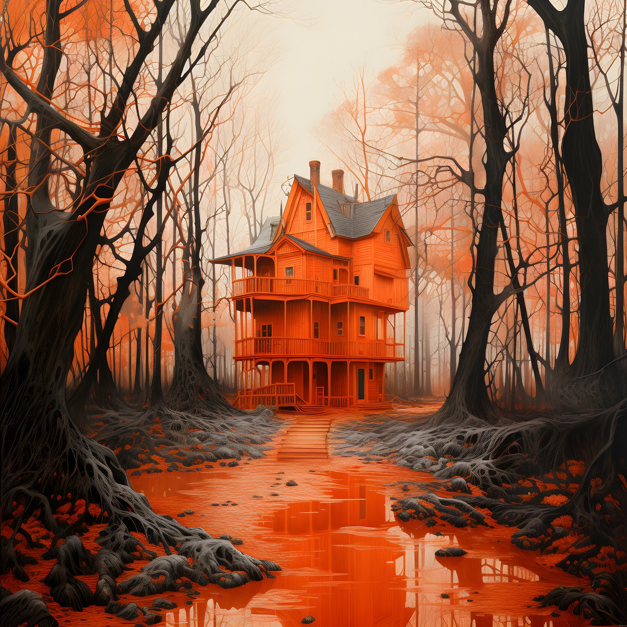 groot rood huis op blauwe achtergrond door Kurt Heppke