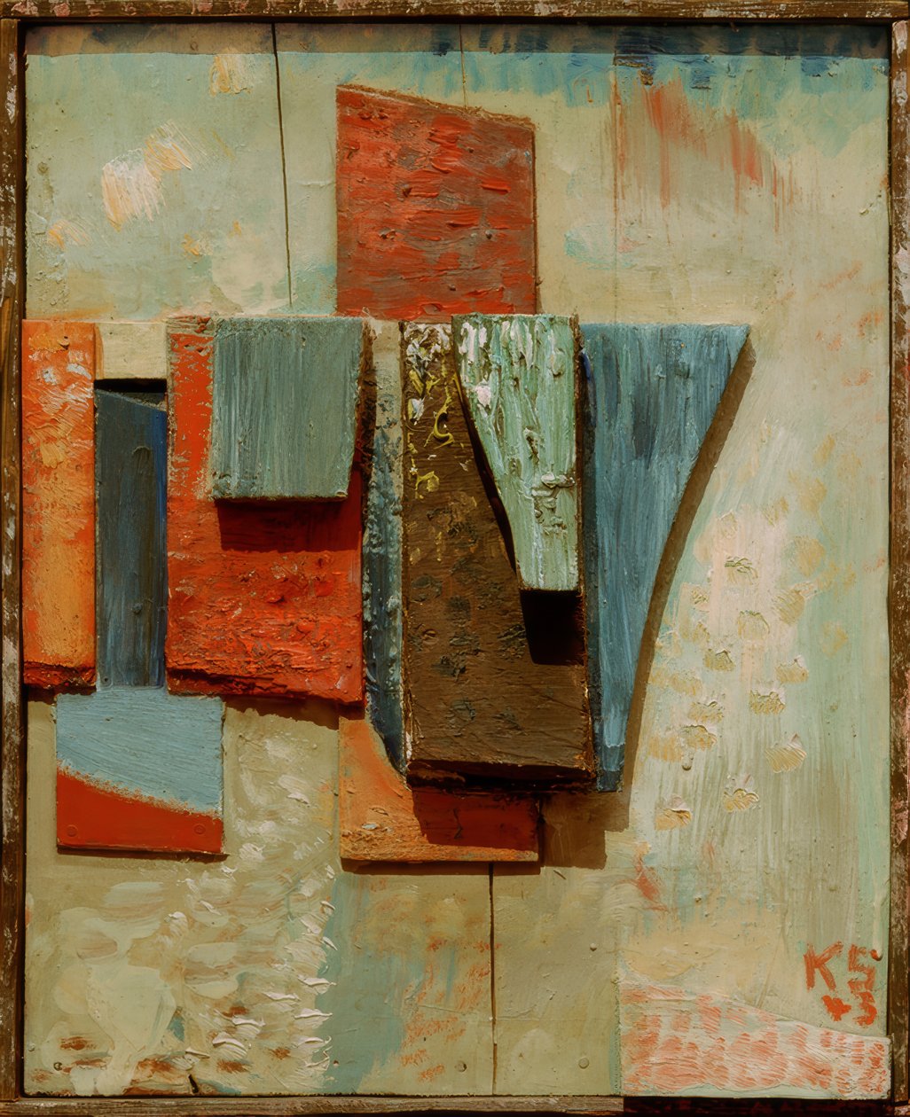 Gekleurde houtconstructie door Kurt Schwitters