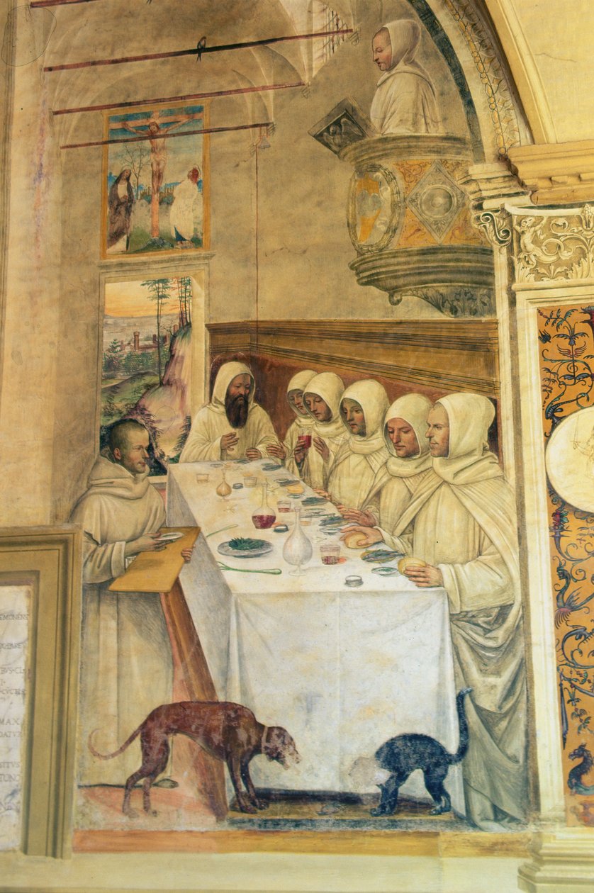 St. Benedictus vindt meel en voedt de monniken, uit het Leven van St. Benedictus, 1497-98 door L. and Sodoma, G. Signorelli