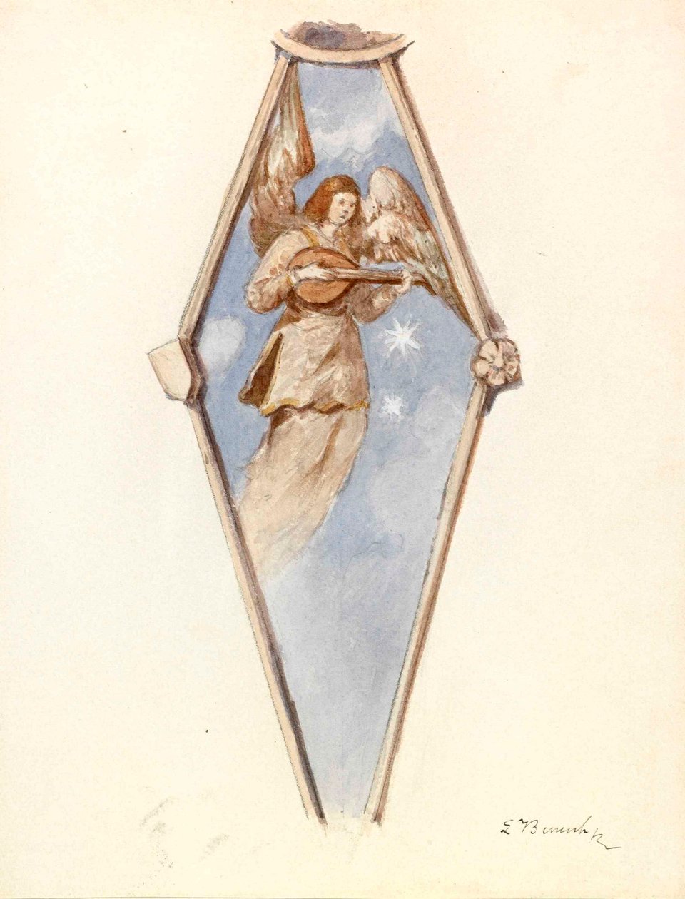 Engel met luit - fresco in de kerk van Radovljica door Ladislav Benesch