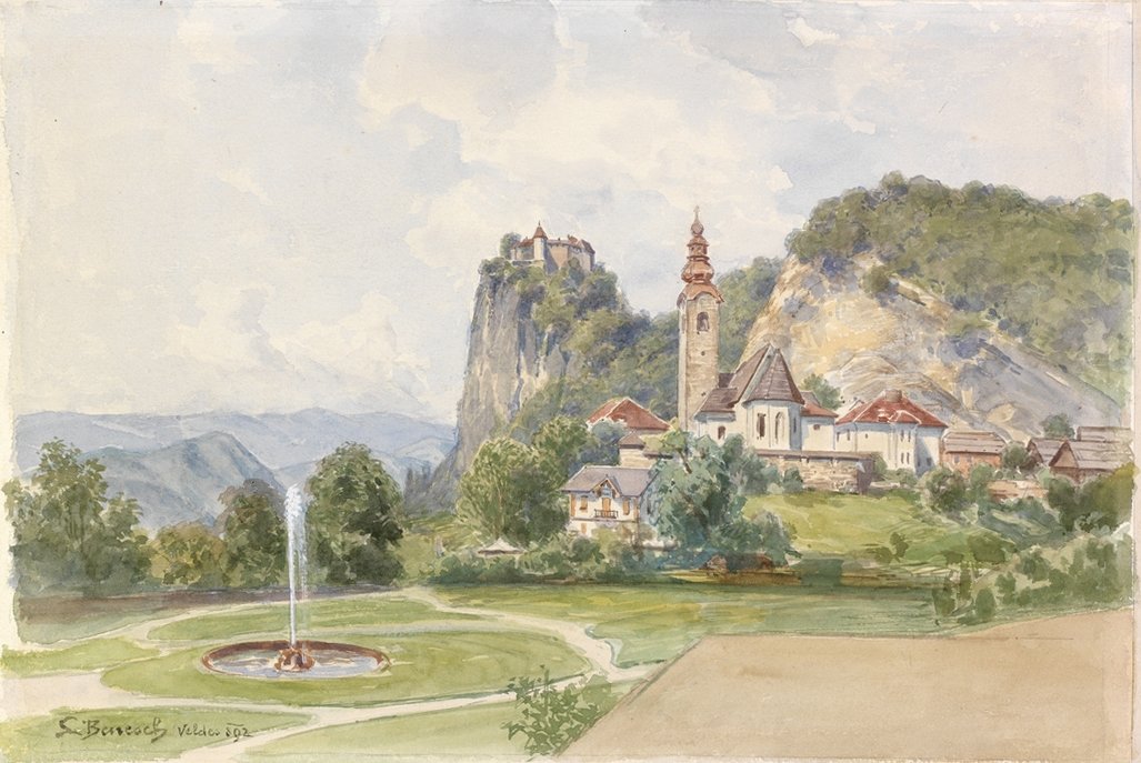 Bled-parochiekerk met kasteel op de achtergrond door Ladislav Benesch
