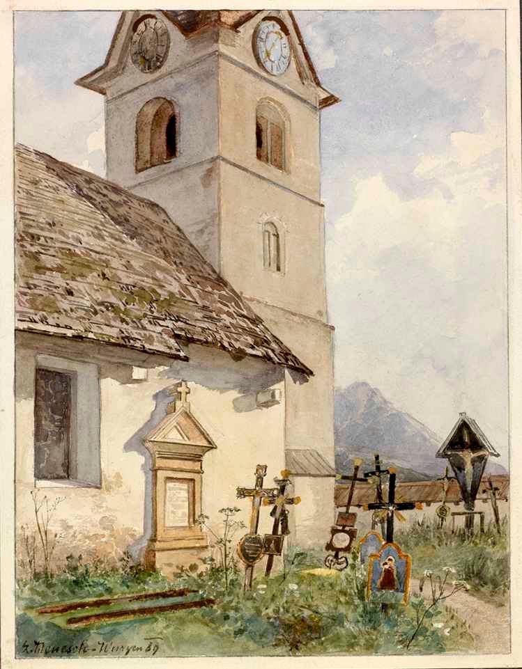 Kerk van Sint Andreas met kerkhof in Podkoren door Ladislav Benesch