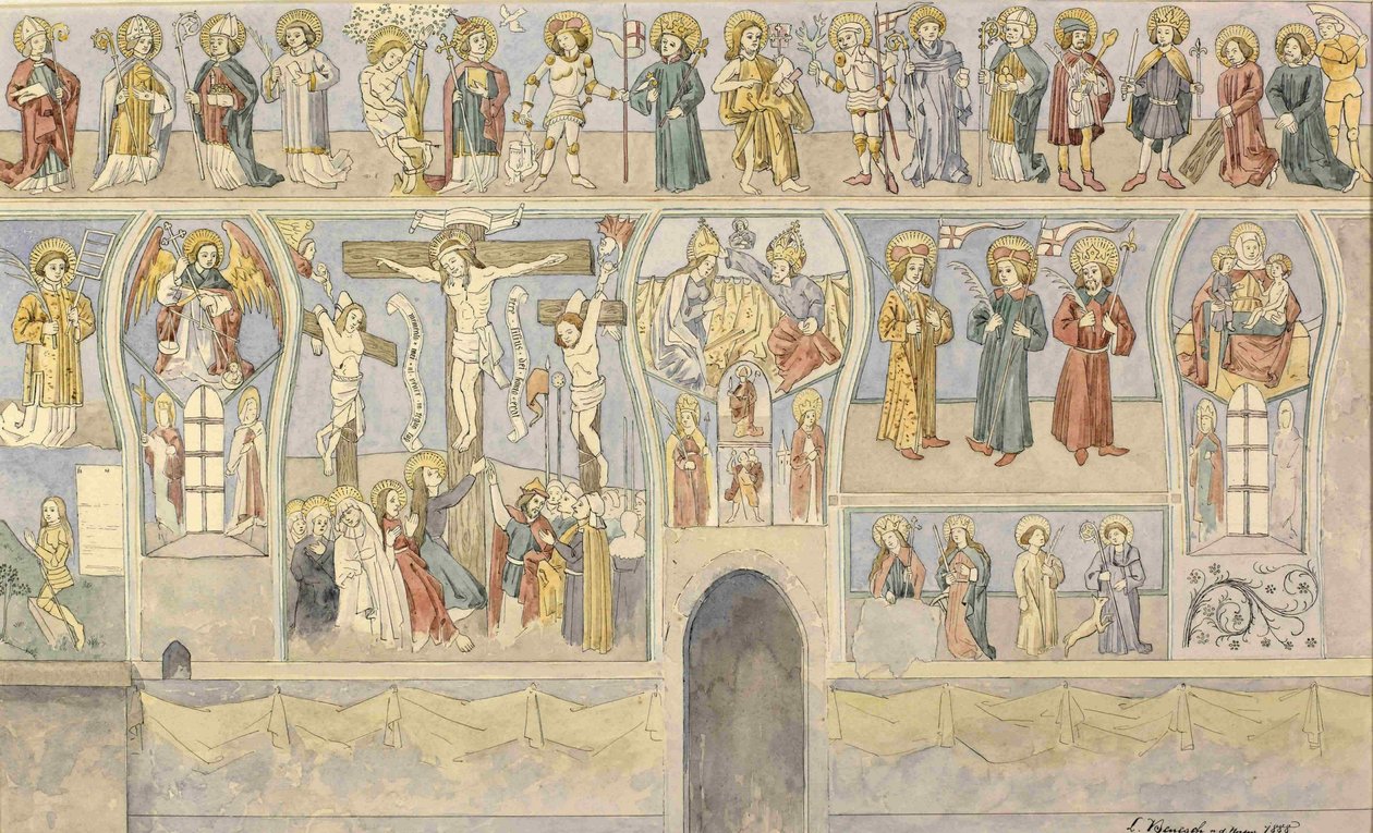 Fresco met kruisiging in de lutherse kapel in Turjak door Ladislav Benesch