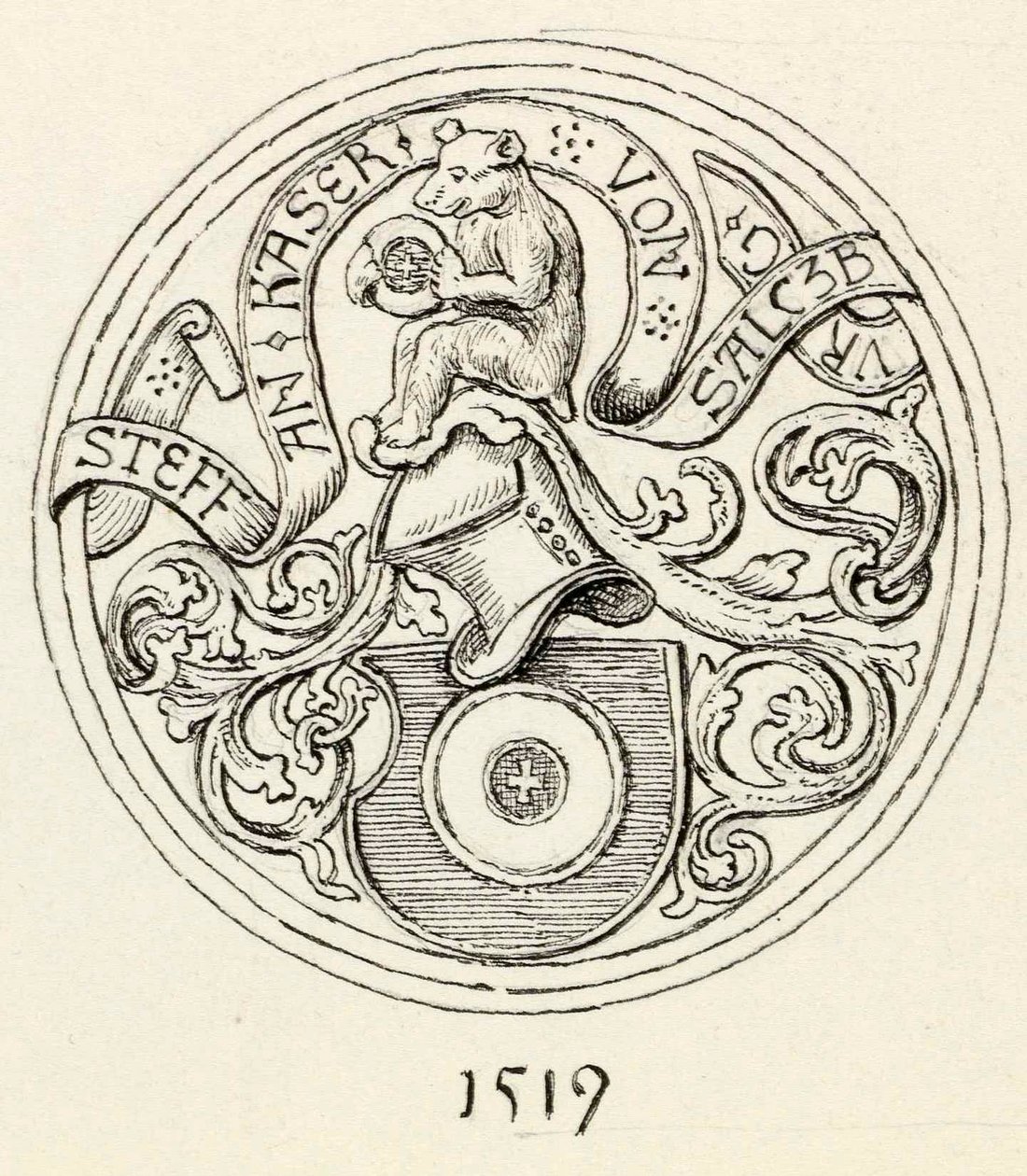 Wapen van de hostieschaal met het jaartal 1519 uit de kerk in Kranjska Gora door Ladislav Benesch
