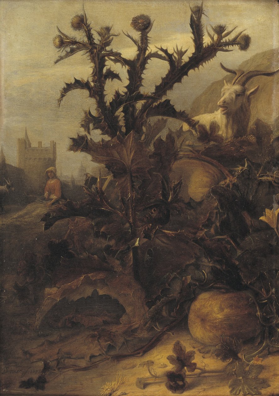 Distel, pompoen en een geit door Lambert Doomer