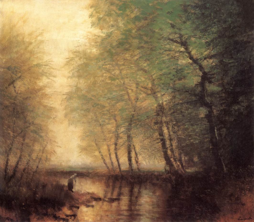 Waterscène met figuur door Laszlo Mednyanszky