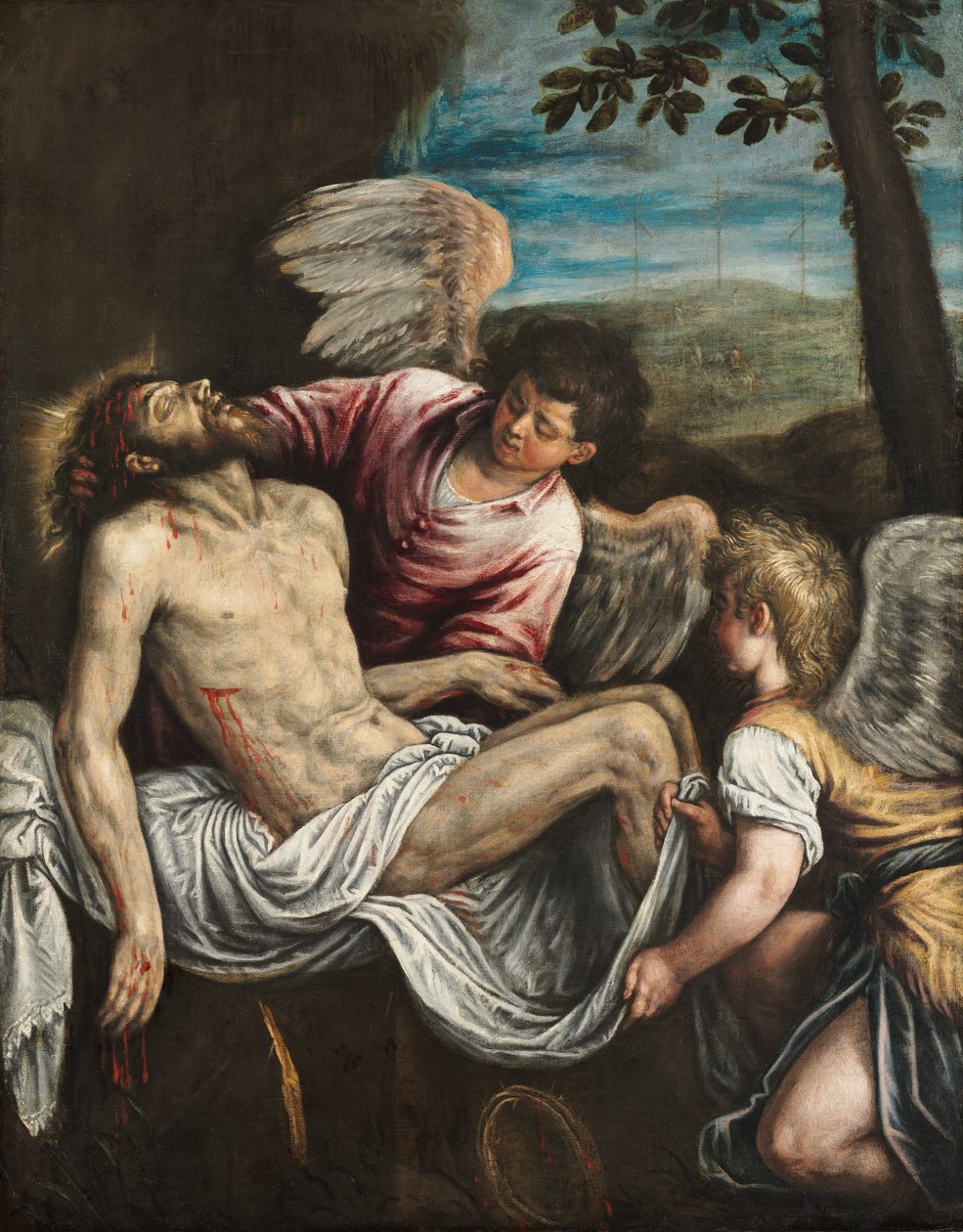 De Dode Christus met Engelen door Leandro Bassano